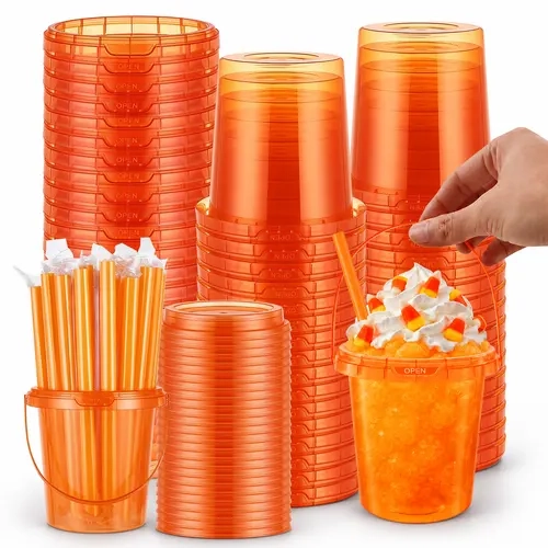 30-Pack 24oz Reusable Orange PP Plastic Cup Baskets Set with Lids, Straws & Handles, Leak-Proof Festive Party Supplies for Halloween Events, Business Needs