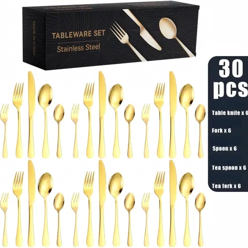 30-Pcs Rust-Free Stainless Steel Tableware Set - Steak Knives, Forks, Spoons, Golden Cutlery in Gift Box for Western Dining