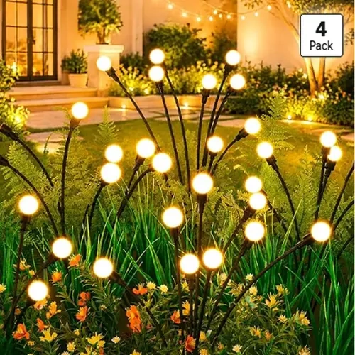Hoodink 4Pcs Solar Outdoor Lights - 8-Heads Warm White LED Firefly Lights, 32 LEDs, Plastic Frame, Waterproof, Garden Decor, Patio Gift for Women, Sohochic