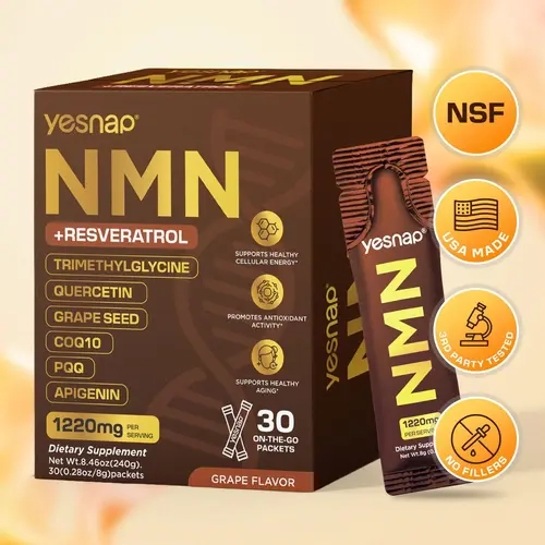 YESNAP NMN + Resveratrol 1220mg Dietary Nutritional Supplement, 8-in-1 Advanced NAD+ Support with TMG, Quercetin, CoQ10, PQQ, Grape Seed, Apigenin, Energy & Focus Antioxidants, 30 On-The-Go Packets, Energy & Focus Antioxidants Nutritional Supplements