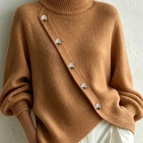 Women's Asymmetric Button High Neck Knit Sweater, Loose Fashion Lantern Sleeve Pullover, Autumn Minimalist Long Sleeve Top