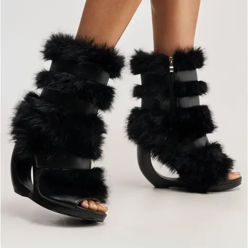 AZALEA WANG ELIANA BLACK FUR OPEN TOE WEDGE BOOTIE