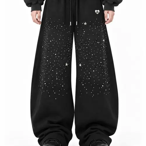 Aelfric Eden Women's Lady's Comfortable Elastic Rhinestone Star Baggy Barrel Sweatpants - Relaxed Fit, Drawstring Wide Leg Streetwear Bottoms with Adjustable Aesthetic