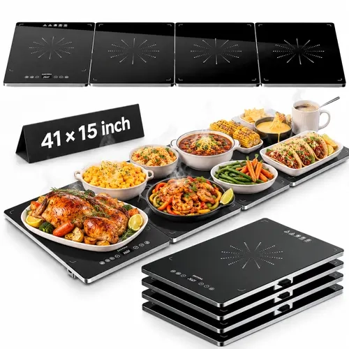 easyera Electric Warming Tray, 4-in-1 Modular Food Warmer, 60" Extra Large Warming Surface, 10 Heat Levels up to 266°F, 8H Timer, Tempered Glass Food Warmer for Parties, Buffet & Holiday Gatherings