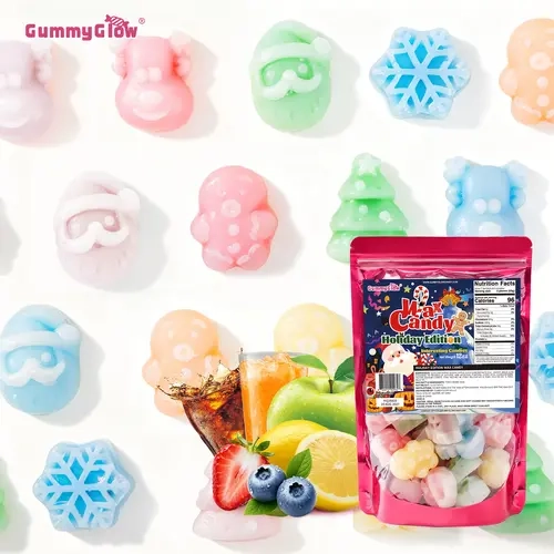 Gummy Glow Christmas Edition Wax Candy - 12oz Zipper Seal Pack, Strawberry Flavor, New Shapes, Retro ASMR Bonbon, Viral Snacks, Fizzy & Fruits Wax Shell, Festive Party Snack, Gift Idea