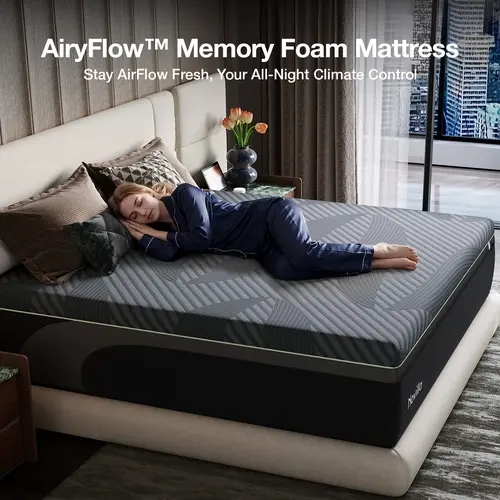 Novilla AiryFlow Ergonomic Memory Foam Mattress - Queen Size, Cool Night Sleep, Spinal Alignment, Pressure Relief, Motion Isolation, Green Tea-Infused, CertiPUR-US Certified, Medium Firm, TikTok Shop Stock Up, Ergonomic Memory Foam Mattresses