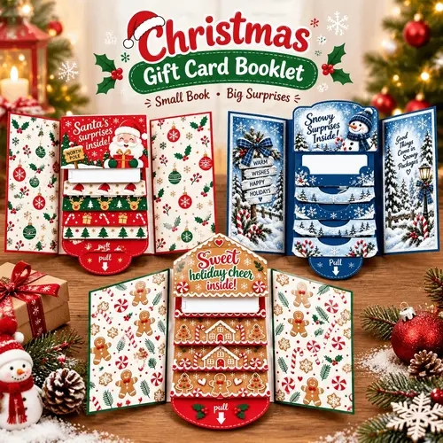 Handcrafted Waterfall Christmas Greeting Card Booklet - Unique Pull-Tab Interactive Holiday Card with 5 Pull-Down Panels - Gift Card Holder for Family & Friends (Red)