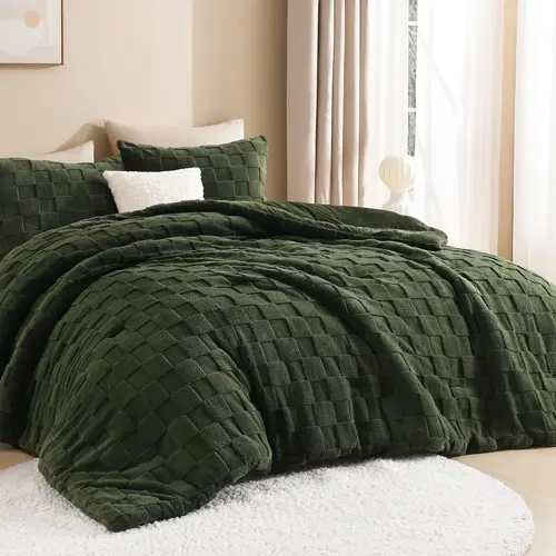 Litanika 3-Piece Fluffy Sherpa Jacquard Checkered Comforter Bedding Set - 100% Polyester, 1 Comforter, 2 Pillowcases, Warm Winter Bedding