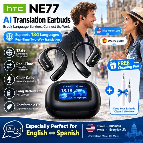 HTC NE77 Bluetooth 6.0 OWS open-ear wireless translation earbuds, support real-time translation for 134 languages, with vibrant touch screen, built-in microphone, premium sound quality, app support,ideal for office, sports, study and phone calls.