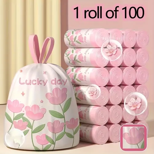 100-Count Floral Tulip Print Thickened No-Tear Heavy-Duty Drawstring Plastic Trash Bags, 4-Gallon Roll Pack for Household Use in Kitchen, Bathroom