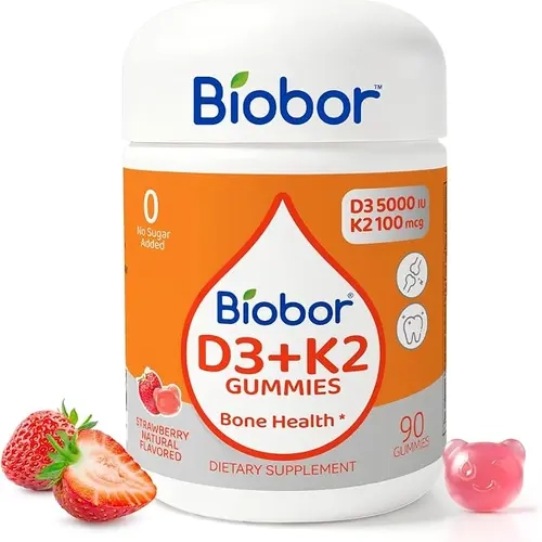 Biobor Vitamin D3 5000 IU + K2 100mcg Gummies - Sugar Free Bone & Immune Support, Natural Strawberry Flavor, 90 Count