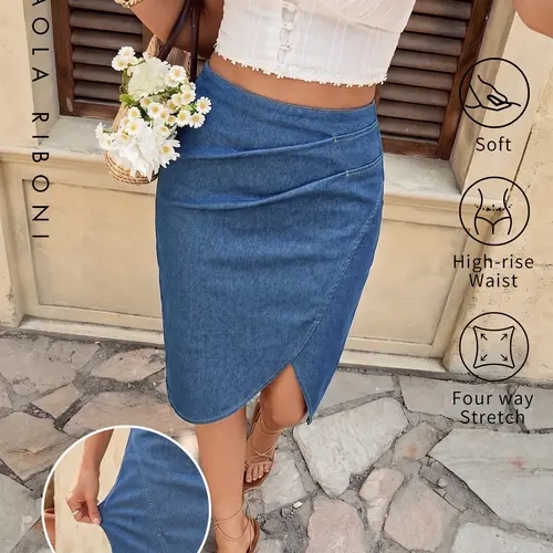 Tulip Denim Midi Skirt, Simple Elegant Design, Stretchy Comfortable Fabric, Asymmetrical Pleats, Slit Hem Anti-Exposure, Women's Daily Commute Wear