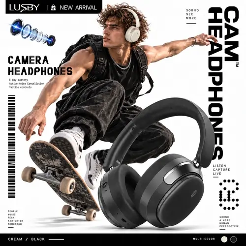 LUSBY Camera Built-In Wireless Bluetooth Over-Ear Headset - 8MP HD Video & Photo Recording, AI Translator, Object Recognition, Music & Calls, AI Voice Assistant, Tech Gift for Men