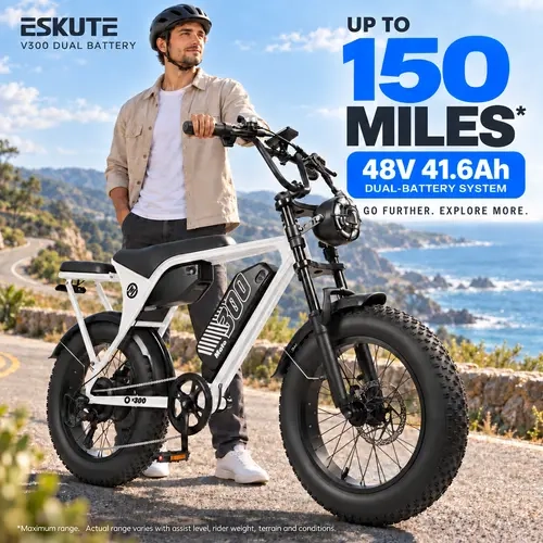 ESKUTE V300 Dual Battery Electric Bike for Adults, 48V 41.6Ah, 1500W Peak Motor, 20" x 4" Fat Tires, 7-Speed, NFC Unlock ebike city adventure