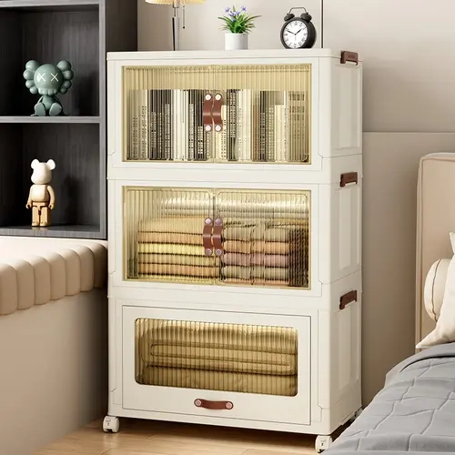 ONAIL Modern Rectangle Drawer-Style (3 Layers) Super Large Translucent Foldable Plastic Storage Box with Lid - Stackable, Rolling, Collapsible Closet Organizers for Bedroom, Balcony Folding Storage Bin for Modern Home Organization Decor