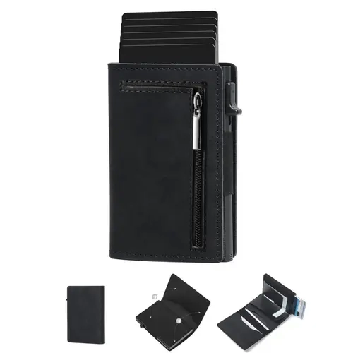 Men's Ultra-Thin Portable Wallet with RFID Blocking, Pop-Up Card Holder, Zippered Coin Pocket, Secure and Stylish Design