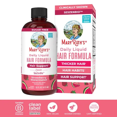 MaryRuth's Daily Liquid Hair Formula - Hair Support - Thicker Hair for Women - Healthy Hair Habits - With SesZenBio - Biotin - Vitamin C – Strawberry Watermelon - 16 Oz