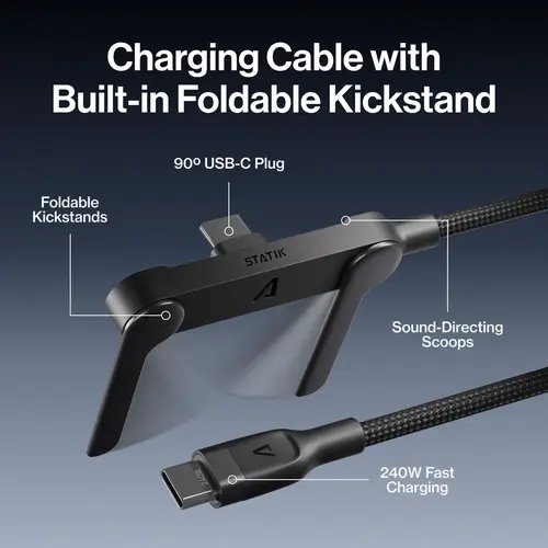 STATIK Power Stand USB-C to USB-C: Cable | 240W Fast Charge | 480Mbps Data Sync | Built-In Foldable Stand | For Phones, Tablets and Laptops