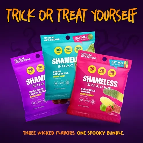 Shameless Snacks Halloween Candy, Low Sugar Keto Gummies 18 Pack – Sour Cherry, Green Apple & Gummy Worms, 3g Sugar, Vegan, Individually Packed 1.8oz Bags