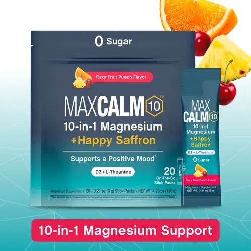 MaxCalm 10-in-1 Magnesium + Happy Saffron - Supports a Positive Mood - With D3 & L-Theanine - 20 Stick Packs - Fizzy Fruit Punch Flavor