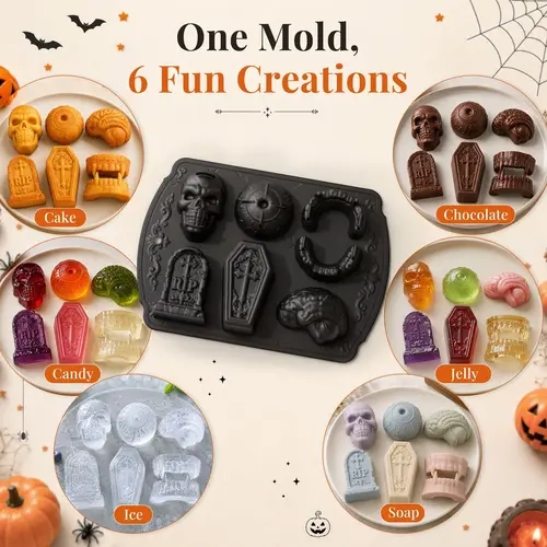Halloween Silicone Spooky Multi-Use Cake Tin & Mold - Skull, Brain, Eyeball, Coffin, Tombstone, Vampire Teeth Shapes for Chocolate, Jelly, Ice Cubes, DIY Bakeware