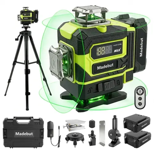16-Line Green Laser Level, Remote 360° Rotation, 4×360° Self-Leveling, Tripod & Grade Rod, 2 Batteries, Touch Screen for Construction