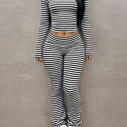 Women's casual striped long-sleeved shirt and trousers two-piece set, Top, suitable for everyday outings, casual and stylish.