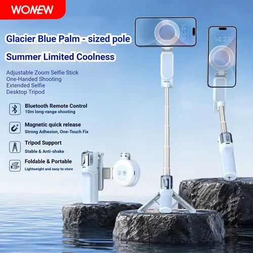 WONEW Z3 Blue Palm-Sized Magnetic Foldable Selfie Stick Tripod with Zoomable Bluetooth Remote, Fill Light, Nylon+Fiber Portable Cellphone Accessory Stand for Vlog, Travel