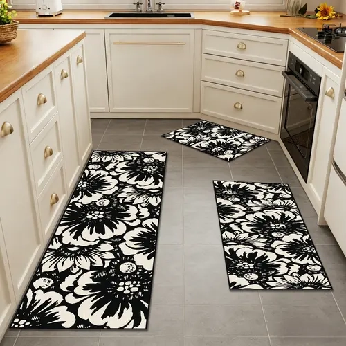 3-Piece Kitchen Mat Set, Black And White Pattern, Long Absorbent Kitchen Mat, Entrance Anti-Slip Mat, Washable Door Mat, Minimalist Home Decor, Waterproof And Oil-Resistant Kitchen Mat, Suitable For Kitchen, Entrance,Bedroom, Hotel, Guesthouse.