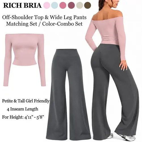 RICH BRIA Women's 2-Piece Set, Off-Shoulder Top & Wide Leg Pants Matching Set, Softmotion Trending Color Combo Set Stylish Cute Clothes for Women, Sohochic Two Piece Sets, Colorpairing Sets Ladies High Stretch Casual Fall Solid Color Set Gym Clothing