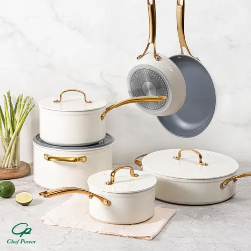 Chef Power Sunray Golden-10pcs Ceramic Coating Bundle Cookware Set - Golden Handle, White Aesthetic, Nonstick, Oven Safe, Oil-Saving, Induction Compatible, Frying Pan, Saucepan, Pieces & Lids for Everyday Use