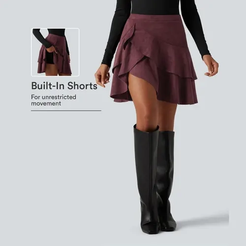 Halara High Waisted Tiered Ruffle Hem 2-in-1 Longer Mini Suede Casual Skirt with Pocket