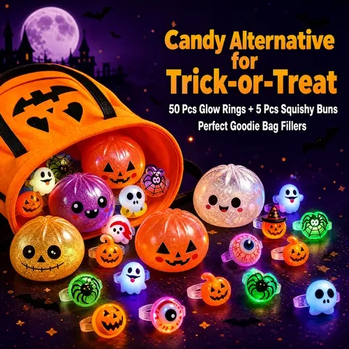 55Pcs Halloween Bulk Set - LED Glow Rings & Spooky Dumpling Squishies Toys, Soft TPR Hand Squeeze Figurines, Light-Up Unisex Kids Party Favors, Trick-or-Treat Goodie Bag Stuffers