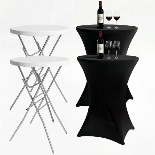 2-Pack 28 Inch Round Folding High Top Cocktail Tables with Dual Black Tablecloths, Portable Bar Height Bistro Set, Detachable Legs, Heavy Duty Indoor Outdoor Furniture for Wedding, Party & Events