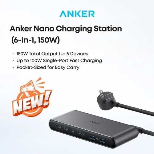 [live only]ANKER Travel Charging Station 150W USB-C Portable Hub, 6-in-1 Multiport Charger with 100W Laptop Fast Charging, 4 USB-C & 2 USB-A Ports, Compact 90° Foldable Plug, 5ft Power Cord for iPhone, iPad & Mobile Phones