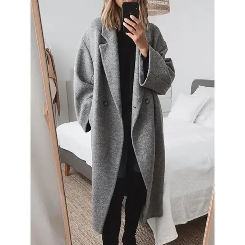 Women's Oversized Long Coat Double Breasted Lapel Overcoat Loose Fit Longline Jacket Elegant Fall Winter Outerwear Casual Streetwear Office Work Travel Everyday Layering Warm Fashion Coat for Women Business Casual Date Night Vacation