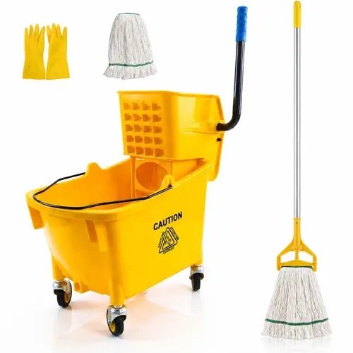 35 Quart Commercial Mop Bucket with Side Press Wringer on Wheels, Mop Bucket with Side Wringer Yellow Household Mop Bucket with Wringer
