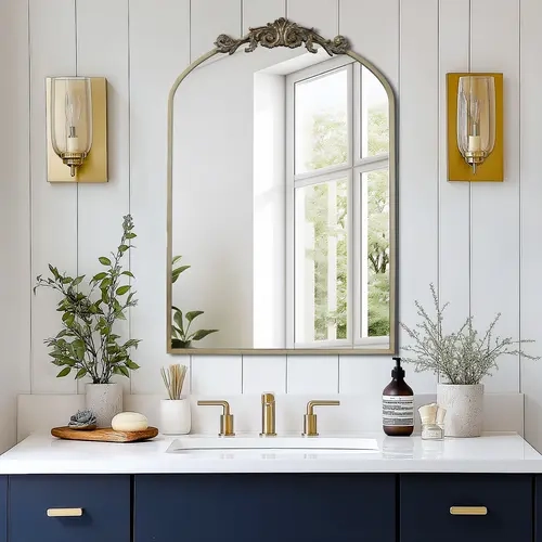DlandHome Retro Silver Bathroom Vanity Mirror Cabinet, 2-Tier Adjustable Shelves, Carved Top Wall Storage for Home & Kitchen
