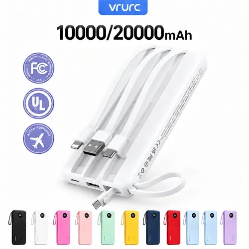 VRURC 10000mAh/20000mAh Slim Portable Charger - Built-in 4 Cables, 5 Outputs, LED Display, Flight-Safe Mobile Smartphone Accessory, Chargeable USB C Power Bank for iPhone 17/16/15, Samsung Android (1 Pack)