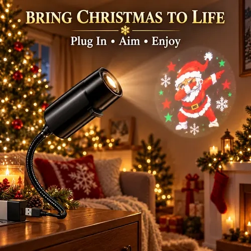 2026 New HD Christmas Projector Light, 360°Adjustable Plug-and-Play USB Model with Lens, Port, 10 Projection Films for Bedroom, Car Interior Roof (Indoor Use)