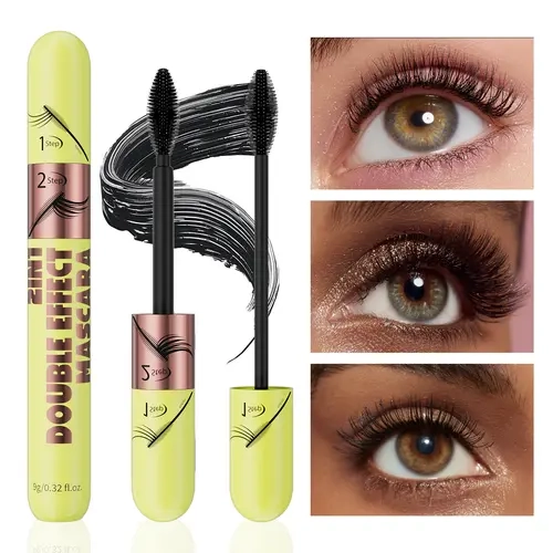 2-in-1 Dual Effect Mascara – Lengthening, Curling & Volumizing, Waterproof Formula, Buildable Fiber for Elongated Bushy Lashes, Eye Makeup & All-Day Makeup Wear - Beginner Friendly Daily Makeup Tool for Women, Women's cosmetics, Eyelash makeup products