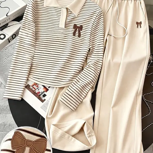 Women's Striped Lapel Set, Half-Open Button Butterfly Print Long Sleeve Top + Drawstring Wide Leg Pants, Casual Home Style, Daily & Weekend Wear