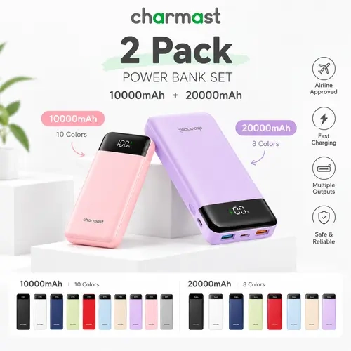 Charmast 2 Pack Portable Charger 10000mAh & 20000mAh Power Bank with Built-in Cables, 6-Output & 3-Input Fast Charging External Battery Pack for Smartphones, Tablets & USB-C Devices, Travel Ready, Airline Approved