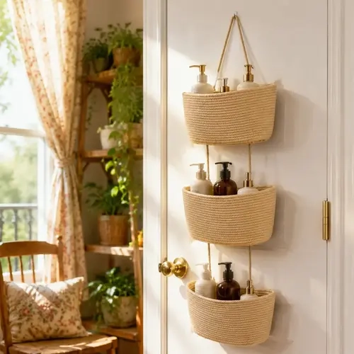 3-Tier Hangable Woven Cotton Storage Basket - 11in Bathroom Organizer, Natural Fiber Design, Space-Saving Home Organizer for Kitchen Essentials