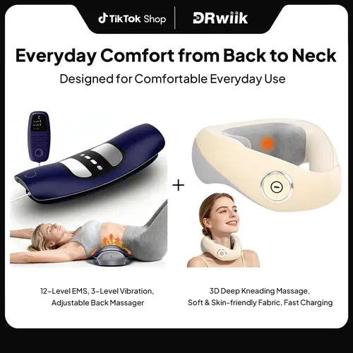 DRwiik Low Frequency Lumbar Massager, Waist Stretching Back Traction Device with 12-Level Electrotherapy, 3-Level Vibration Massage+Neck Shoulder Massager - 3D Deep Kneading, Red Light Heat, Ergonomic U-Shaped Cervical Care Device
