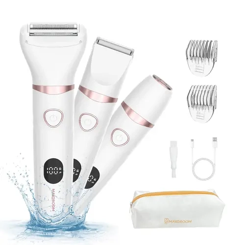 MAXROOM 3 in 1 Body Hair Trimmer for Women, 10 Minute for Full Body Hair Removal, Painless Trimming for Bikini, Face, Underarms, Legs, IPX6 Waterproof&Easy Cleaning, Ceramic Blade, Gifts for Her, Wireless Hair Trimmer, Travel