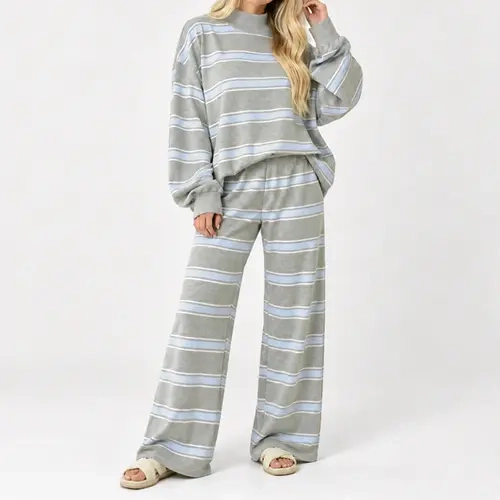 Women's Striped Print 2 Piece Set, Mock Neck Long Sleeve Oversized Pullover & Wide Leg Pants, Casual Relaxed Matching Outfit for Home, Travel, Daily Wear, Fall Winter