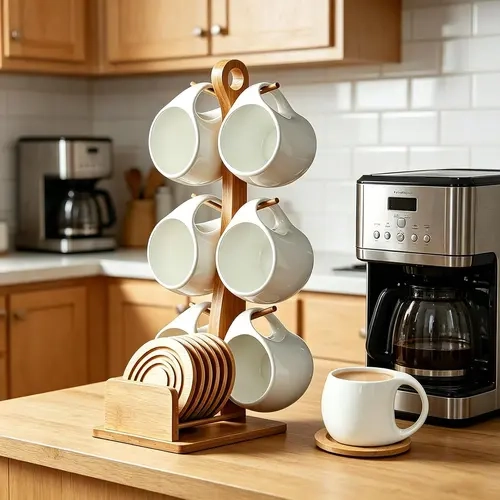 Taufikt 6-Piece White Ceramic Coffee Cup & Mug Set with Bamboo Mug Rack, Coasters, Countertop Storage Holder for Kitchen Coffee Station, Home Decor