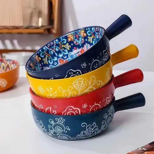 Bohemian Ceramic Soup Bowls Set of 4, 22oz Handled Baking Bowls, Vintage Floral Mandala Porcelain Single Handle Serving Bowls, Oven Microwave Dishwasher Safe for Pasta, Cereal, Soup