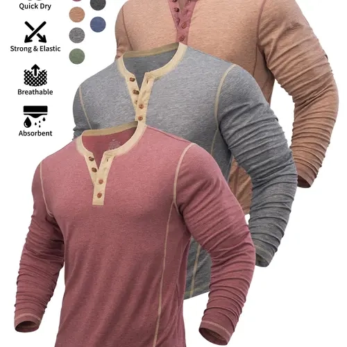 Men's Long Sleeve Sportswear Set, Colorblock Casual Henley, Button Neck Design, Slim Fit, Elastic Dry Fit, Ideal for Outdoor Activities
